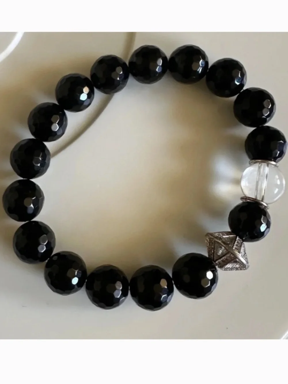 10mm Black Onyx Stretch Bracelet Silver Clear Quartz Pave Spacer